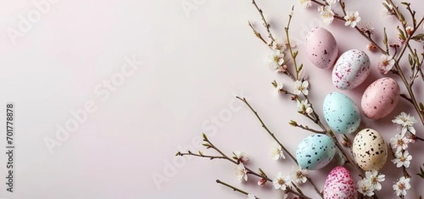 Fototapeta colorful small easter eggs with flowering branches on a light pink background with copy space - easter card background - spring design element - generative ai