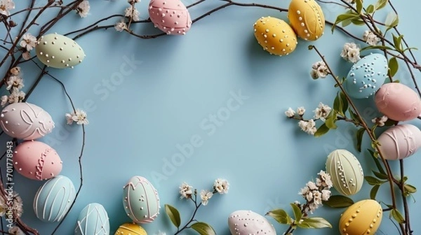 Fototapeta colorful small easter eggs with flowering branches as a boarder on a light blue background with copy space - easter card background frame - spring design element - generative ai
