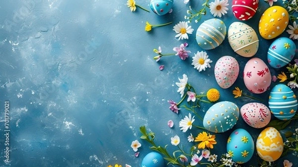 Fototapeta colored easter eggs with daisies and flowers on a textured blue background - easter card background - spring design element - generative ai