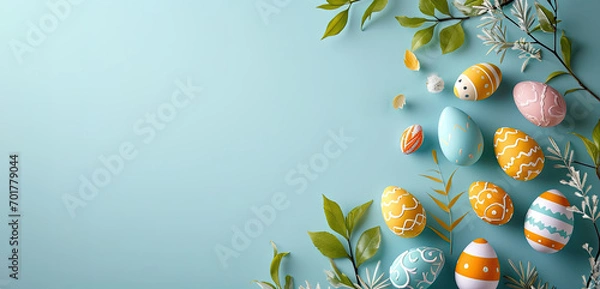 Fototapeta colorful small easter eggs with flowers and branches on a light blue background - yellow and green tones - easter card background - spring design element - generative ai