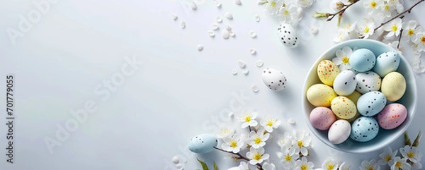 Fototapeta easter eggs in a bowl and flowers - easter still life - easter card design background with solid bright background and copy space - pastel colors - generative ai