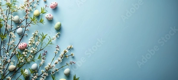 Fototapeta colorful small easter eggs with flowering branches on a light blue background with copy space - easter card background - spring design element - generative ai