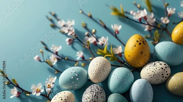Fototapeta colorful small quail eggs with flowering branches on a light blue background - easter card background - spring design element - generative ai