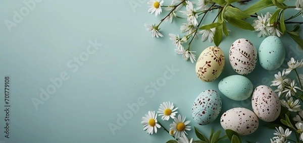 Fototapeta colored quail easter eggs with daisies on a light green background - easter card background - spring design element - generative ai