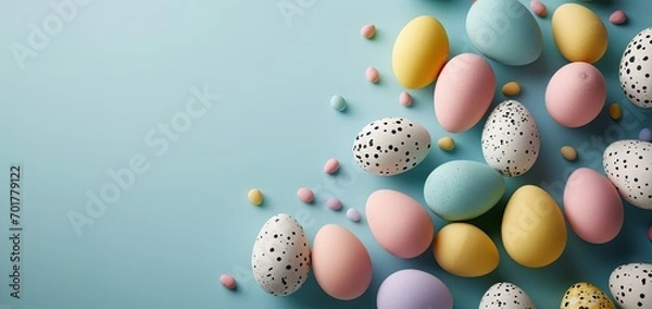 Fototapeta easter eggs card design background with pastel colored easter eggs on solid light blue background - design element with copy space - generative ai