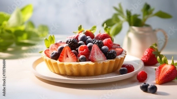 Fototapeta  a close up of a fruit tart on a plate with strawberries and blueberries on the side of the tart.