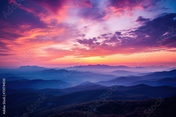 Fototapeta Colorful sunrise in the mountains. View from the top of the mountain, AI Generated