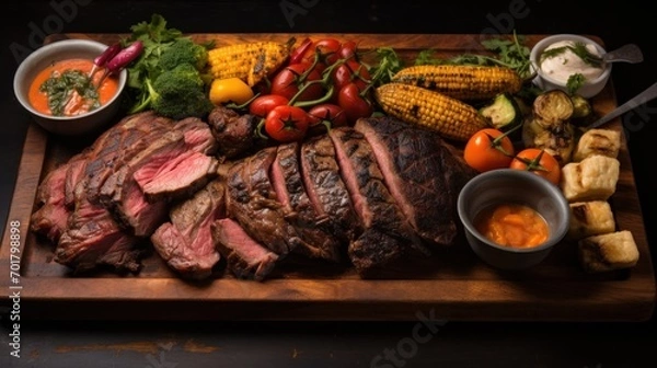 Fototapeta  a wooden cutting board topped with steak, corn, tomatoes, corn on the cob, potatoes, and corn on the cob.