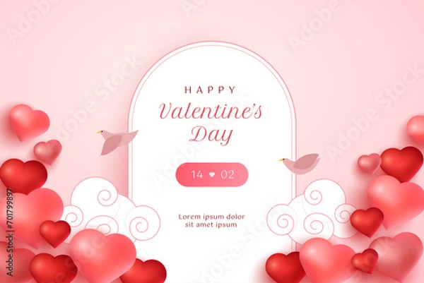 Fototapeta Valentine background with pink color, 3d heart. minimalist frame. clouds, birds. For greeting card, banner, flyer, promotional, website, landing page.