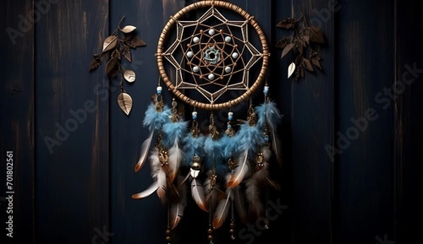 Fototapeta Dreamcatcher with feathers on a wooden background. 3d rendering
