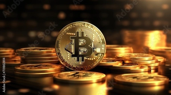 Obraz Golden bitcoin cryptocurrency on stack gold coin