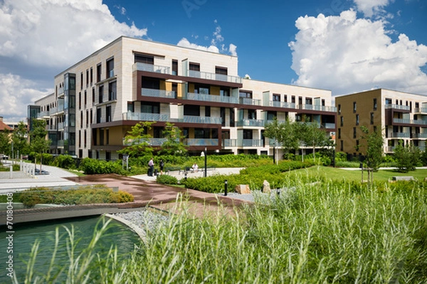 Fototapeta Public view of eco friendly block of flats in the green park