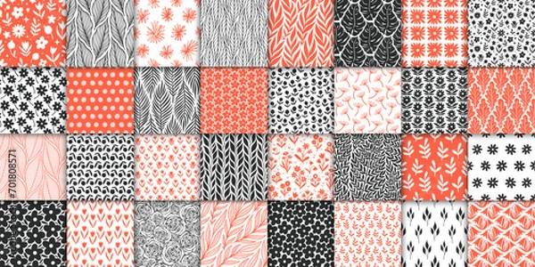 Obraz 32 floral seamless pattern collection. Minimalistic neutral hand drawn doodle seamless pattern with flowers and leaves