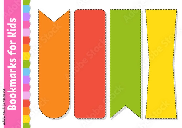 Fototapeta Set of paper bookmarks for books with cute cartoon characters. For kids. Isolated on white background. Vector illustration.