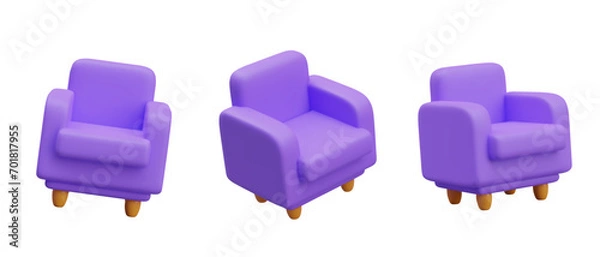 Fototapeta Vector purple armchair with wooden legs. Realistic soft chair in different positions. Luxury furniture for home. Illustrations for online store, application, game