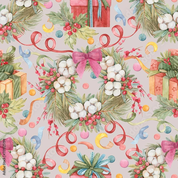 Fototapeta New Year Christmas seamless pattern with Christmas wreath, confetti, gifts, mistletoe drawn in watercolor on gray background. Festive print for wrapping paper, textiles, wallpaper, stationery.
