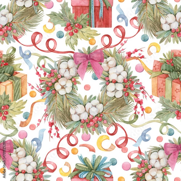 Fototapeta New Year Christmas seamless pattern with Christmas wreath, confetti, gifts, mistletoe painted in watercolor on white background. Festive print for wrapping paper, textiles, wallpaper, stationery.