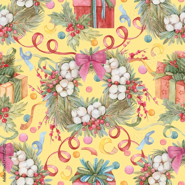 Fototapeta New Year Christmas seamless pattern with Christmas wreath, confetti, gifts, mistletoe drawn in watercolor on yellow background. Festive print for wrapping paper, textiles, wallpaper, stationery.