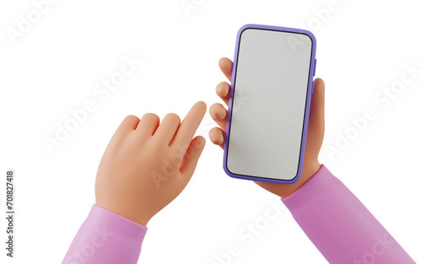 Fototapeta 3D cartoon hand using smartphone, 3D render illustration