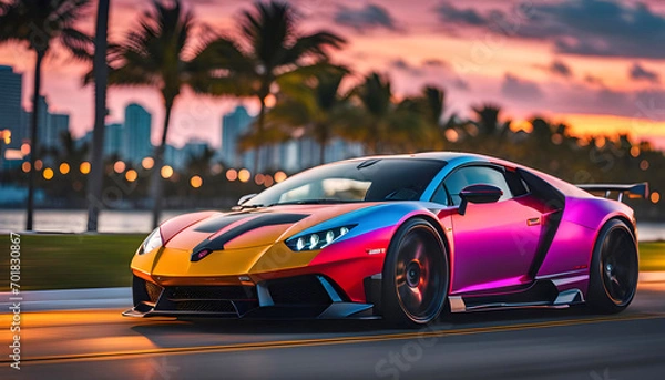 Fototapeta A sports car drives quickly along the ocean beach, speed, Miami, palm trees and road,