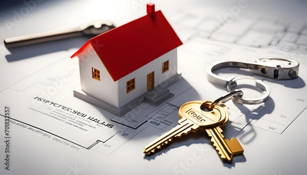 Obraz the house model and the house key are on the building plan, the construction plan is a turnkey house,