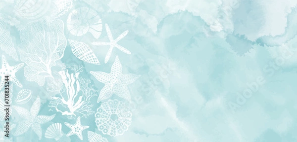 Obraz Luxury vector design. Underwater plants, shells, starfish, corals, sea creatures on a blue watercolor background. Template design for text, packaging and prints. Art sea background.