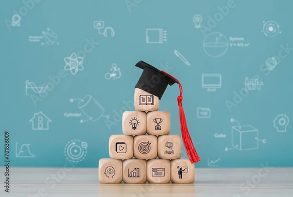Fototapeta Education learning concept.Wooden cube with icons of education, Ai, qualification, cv, resume, skills and experience.