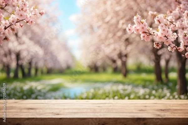 Fototapeta An empty wooden table for product display. blurred nature spring blooming trees background. ai generative