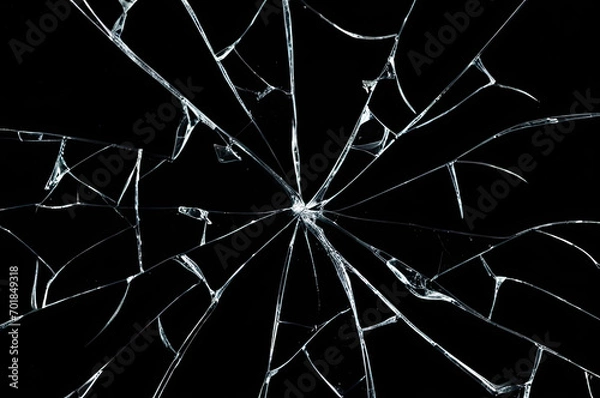Obraz Photo of broken glass on a black background, cracks.
