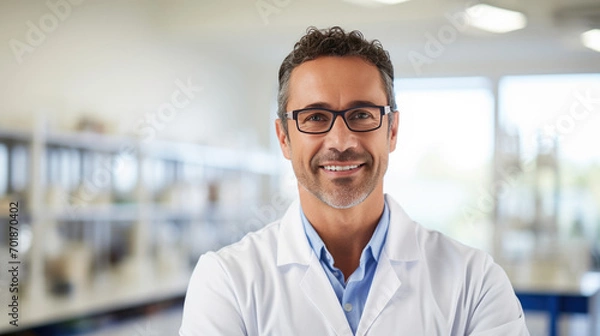 Fototapeta Portrait of a smiling male doctor in a lab coat holding a tablet