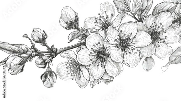 Fototapeta Sketch of cherry blossom branch. Hand drawn vector illustration.