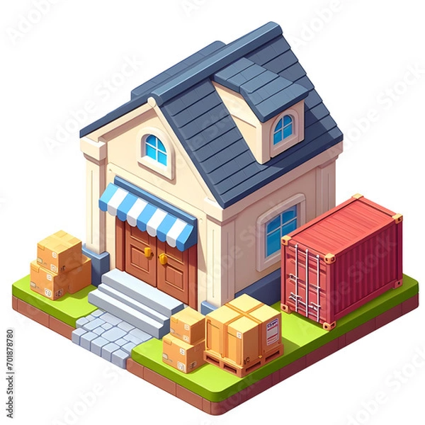 Fototapeta 3d game storage buildings  house isometric design Illustration on transparent background PNG