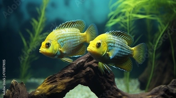 Fototapeta A pair of Green Terror cichlids (Andinoacara stalsbergi) engaged in a graceful courtship dance.
