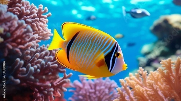 Fototapeta A Regal Angelfish (Pygoplites diacanthus) gracefully swimming through a vibrant coral reef in full ultra HD.