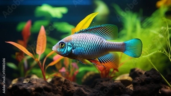 Fototapeta A striking Rainbowfish (Melanotaeniidae) against a backdrop of aquatic plants, displaying its radiant colors in high resolution