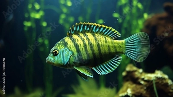 Fototapeta A stunning Green Terror fish (Andinoacara stalsbergi) in its natural habitat, showcasing its vibrant colors and unique markings.