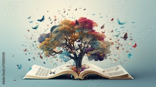 Fototapeta Open book with colorful tree and butterflies flying around it. Ecology concept