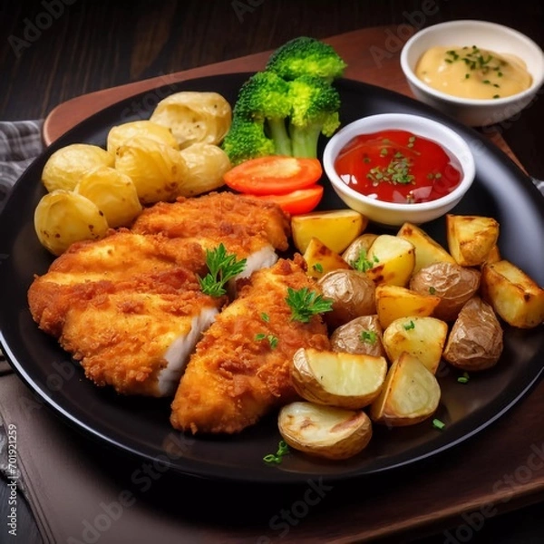 Fototapeta Fried chicken fillet, boiled potatoes and vegetables, AI generator