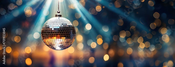Fototapeta Disco Ball Emitting Rays of Light in a Party Atmosphere. A glittering disco ball radiating beams of light in a dark room with a celebratory vibe
