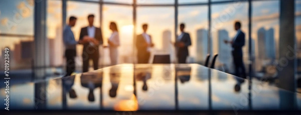 Obraz Business Team Meeting in a Modern Office at Sunset. Blurred silhouette of a business team having a meeting in a modern office with city skyline