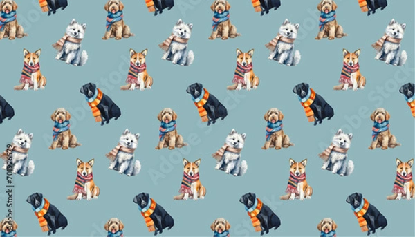 Fototapeta hand drawn watercolor, dogs wearing scarf,  seamless pattern for valentine's day, vector graphic resources, 16:9 widescreen wallpaper / backdrop,