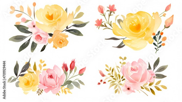 Fototapeta Floral frame with watercolor flowers, decorative flower background pattern, watercolor floral border background
