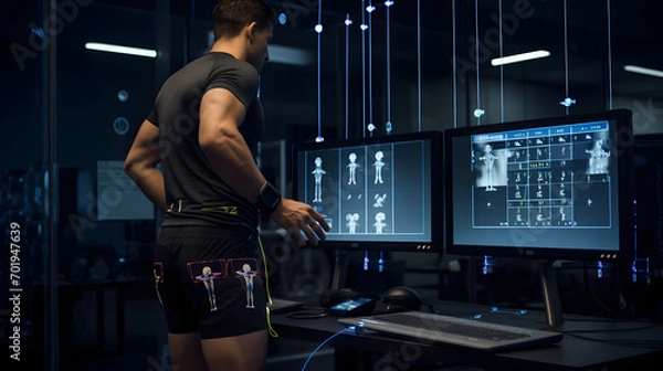 Fototapeta High-tech sports analytics lab analyzing athlete performance using biomechanical sensors and data analysis.