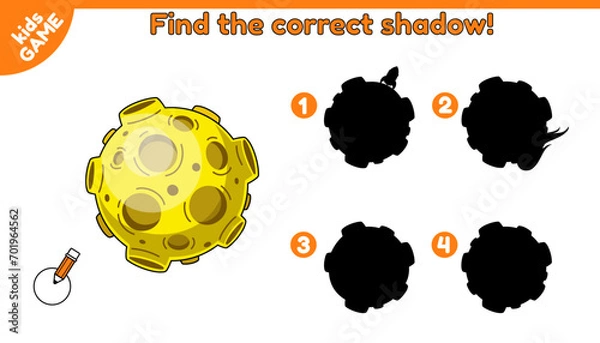 Fototapeta Find the correct shadow. Space educational kids game with cartoon planetary Moon. Puzzle for preschool and school education. Page of the activity book for children. Baby vector illustration.