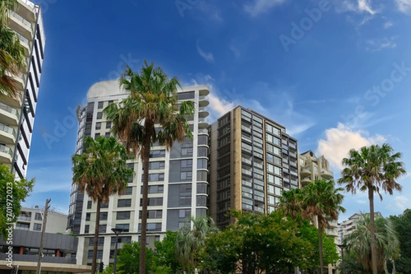 Fototapeta Apartment block in Sydney NSW Australia with views of Sydney Harbour and Sydney Harbour Bridge