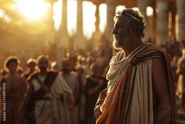 Fototapeta Birth of Democracy: A Cinematic Scene of Cleisthenes in His Fifties, Addressing the Athenian Assembly in the Agora, Bathed in Warm Greek Sunlight and Sun Flare.

