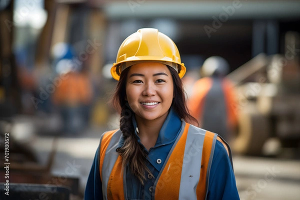 Fototapeta One Asian female construction worker wearing a yellow helmet, smiling and looking at the camera, standing on a construction site. Architect job in the industry, engineer lady workplace inspection