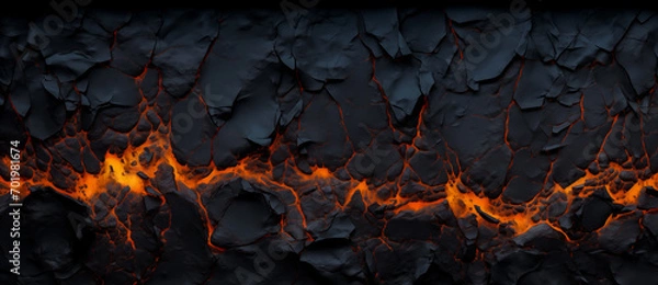 Fototapeta Halloween molten lava texture background. Burning fire coles concept of armageddon hell. Fiery lava and rock backdrop with atmospheric light, grunge glowing texture wide banner by Vita