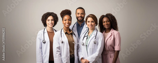Obraz group of five African American healthcare professionals in white coats with stethoscopes, displaying confidence and camaraderie against a neutral background.