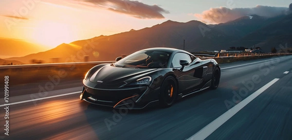 Fototapeta A sleek black supercar speeding down an open highway with mountains in the background, sun setting behind the peaks